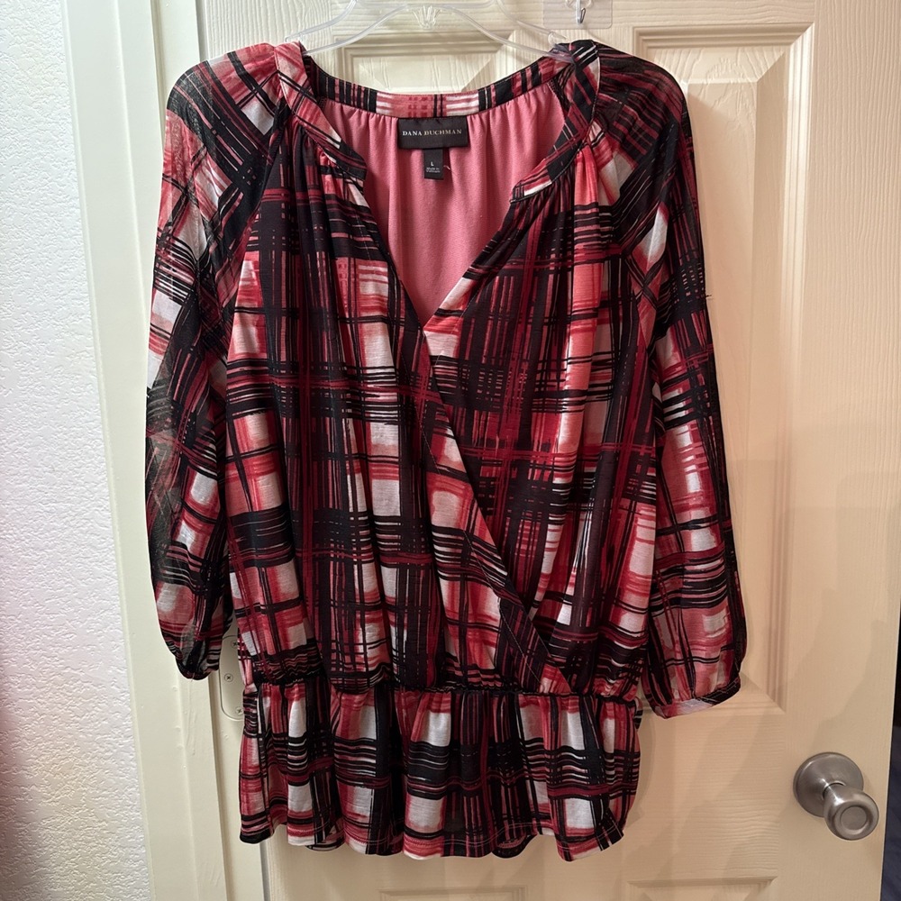 Dana Buchman Plaid Faux Wrap Blouse Pink Red Black Peplum Top Large